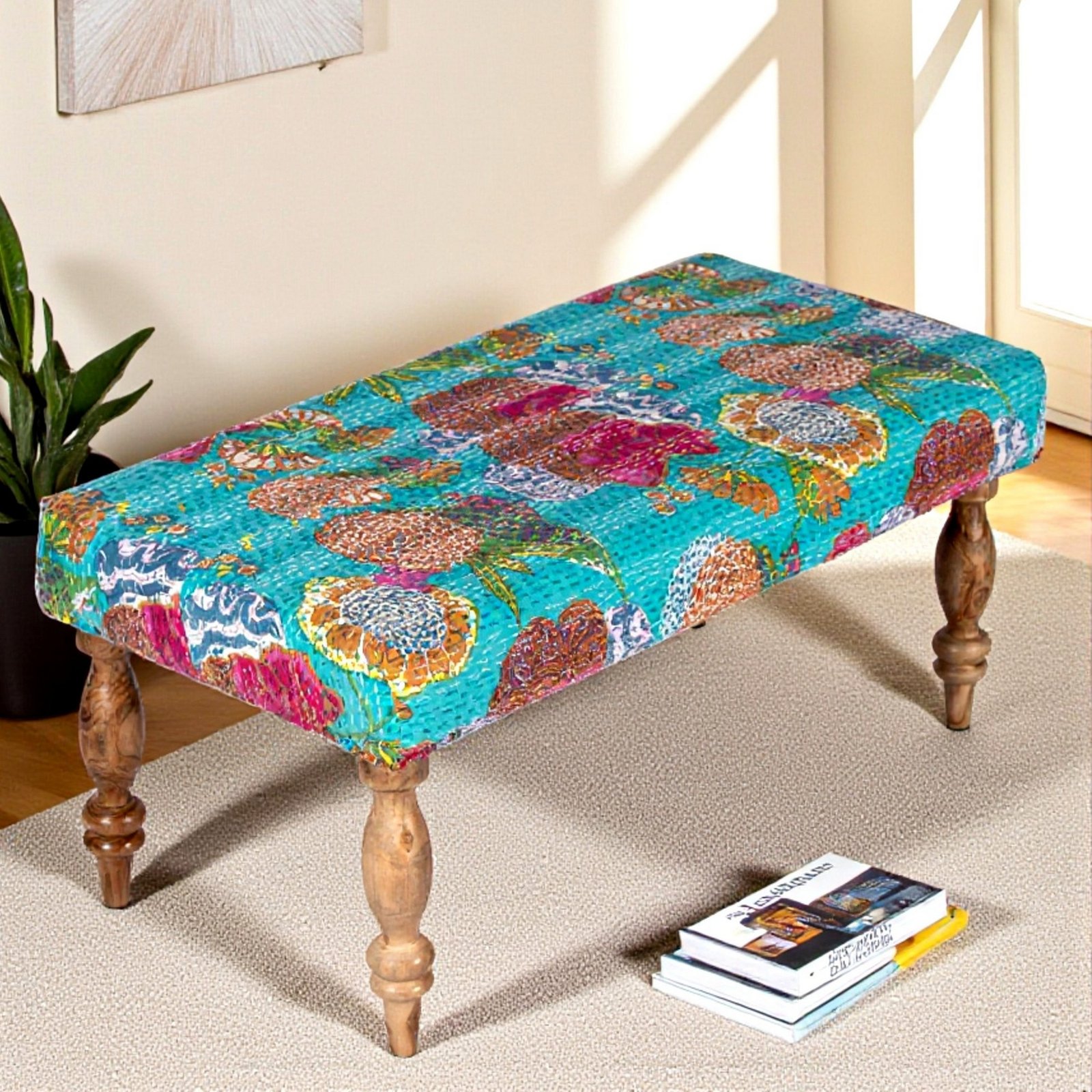 Ikiriya Bestone Sheesham Wood Mid Century 2 Seater Bench in Sea Green Fruit Print Kantha