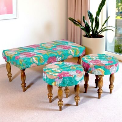 Ikiriya Bestone Sheesham Wood Mid Century 3+1+1 Seater Bench Set with 2 Stools in Sea Green Fruit Print Kantha