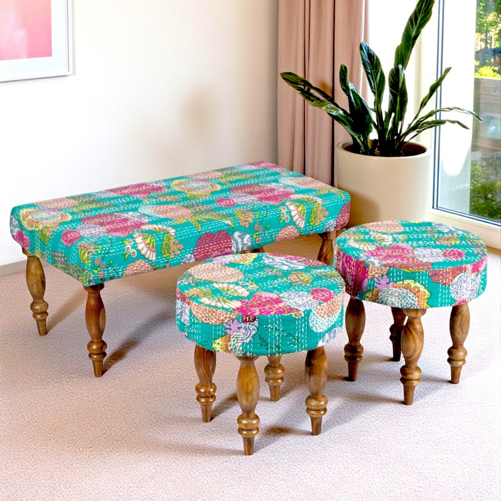 Ikiriya Bestone Sheesham Wood Mid Century 3+1+1 Seater Bench Set with 2 Stools in Sea Green Fruit Print Kantha