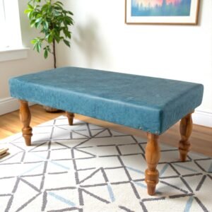 Ikiriya Bestone Sheesham Wood Accent 2 Seater Bench in Blue Jacquard Work Fabric
