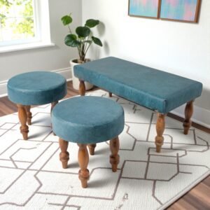 Ikiriya Bestone Sheesham Wood Accent 2+1+1 Seater Bench Set with 2 Stools in Blue Jacquard Work Fabric