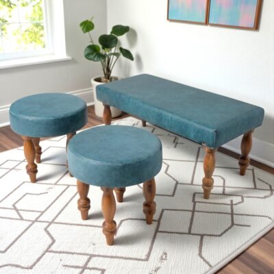 Ikiriya Bestone Sheesham Wood Accent 2+1+1 Seater Bench Set with 2 Stools in Blue Jacquard Work Fabric