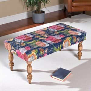 Ikiriya Bestone Sheesham Wood Mid Century 2 Seater Bench in Fruit Print Blue Kantha