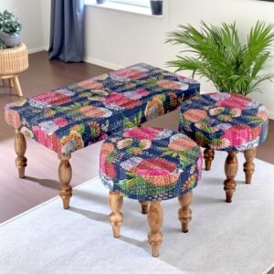 Ikiriya Bestone Sheesham Wood Mid Century 2+1+1 Seater Bench Set with 2 Stools in Fruit Print Blue Kantha