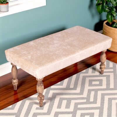 Ikiriya Bestone Sheesham Wood Accent 2 Seater Bench in Beige Sparkle Velvet