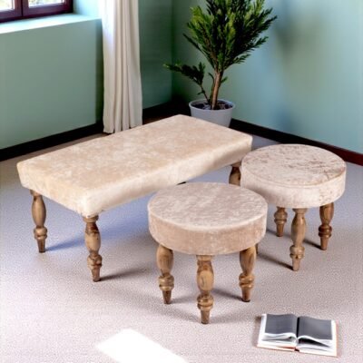Ikiriya Bestone Sheesham Wood Accent 2+1+1 Seater Bench Set with 2 Stools in Beige Sparkle Velvet