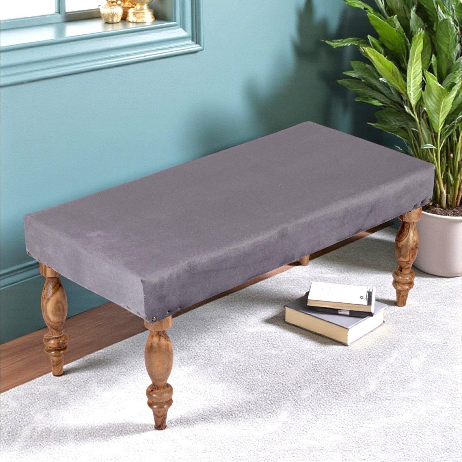 Ikiriya Bestone Sheesham Wood Accent 2 Seater Bench in Iron Grey Velvet