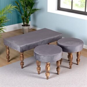 Ikiriya Bestone Sheesham Wood Accent 2+1+1 Seater Bench Set with 2 Stools in Iron Grey Velvet