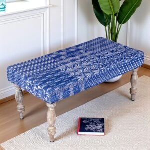 Ikiriya Bestone Sheesham Wood Mid Century 2 Seater Bench in indigo Patchwork Kantha
