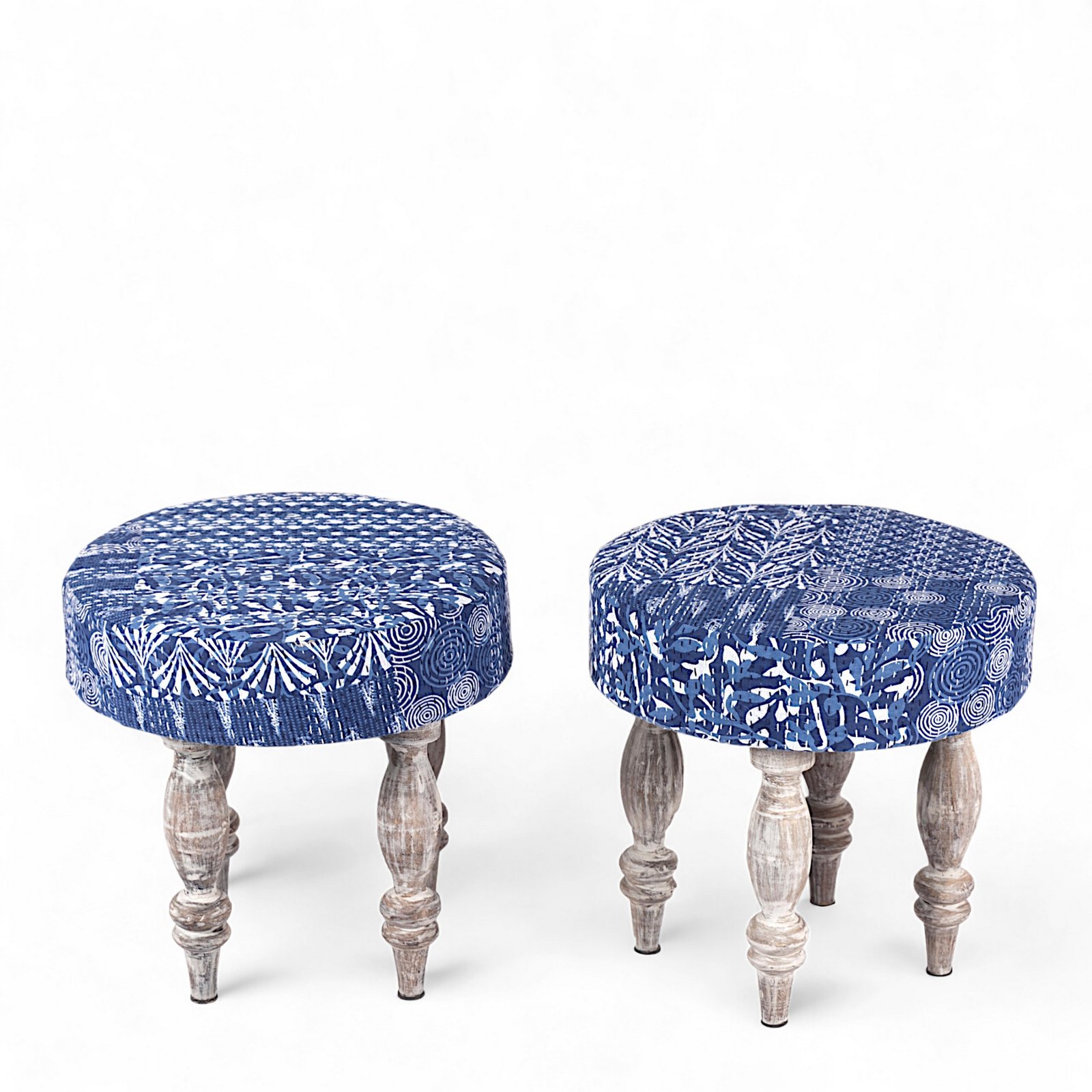 Ikiriya Bestone Sheesham Wood Mid Century 2+1+1 Seater Bench Set with 2 Stools in indigo Patchwork Kantha - Image 10