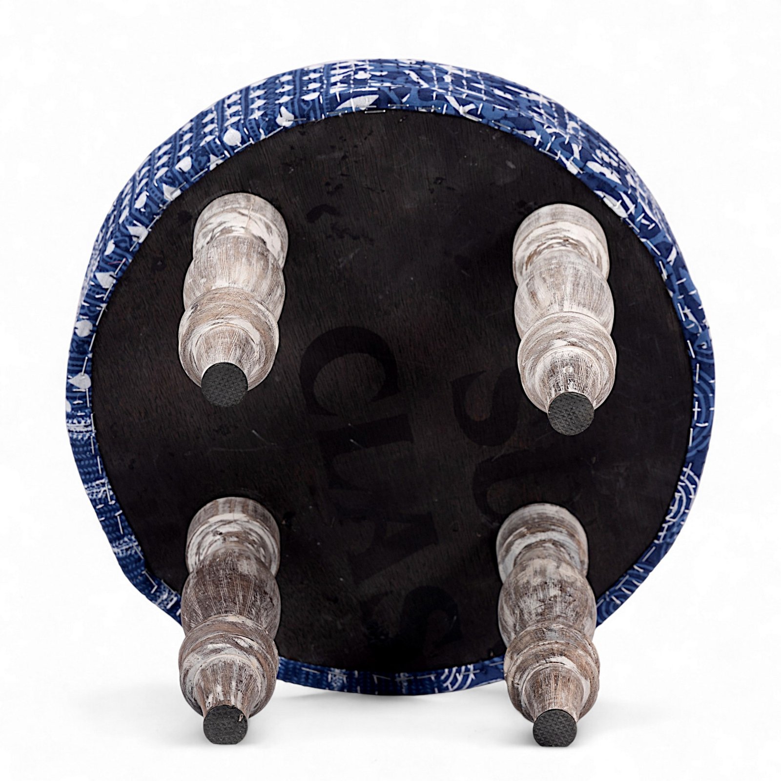 Ikiriya Bestone Sheesham Wood Mid Century 2+1+1 Seater Bench Set with 2 Stools in indigo Patchwork Kantha - Image 13