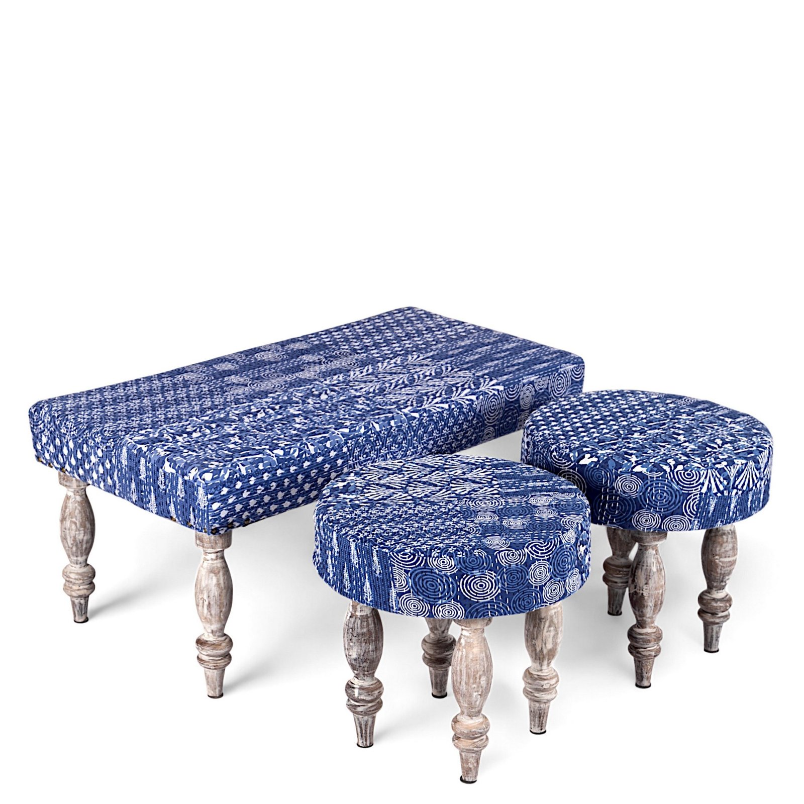 Ikiriya Bestone Sheesham Wood Mid Century 2+1+1 Seater Bench Set with 2 Stools in indigo Patchwork Kantha - Image 14