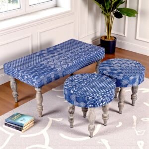 Ikiriya Bestone Sheesham Wood Mid Century 2+1+1 Seater Bench Set with 2 Stools in indigo Patchwork Kantha