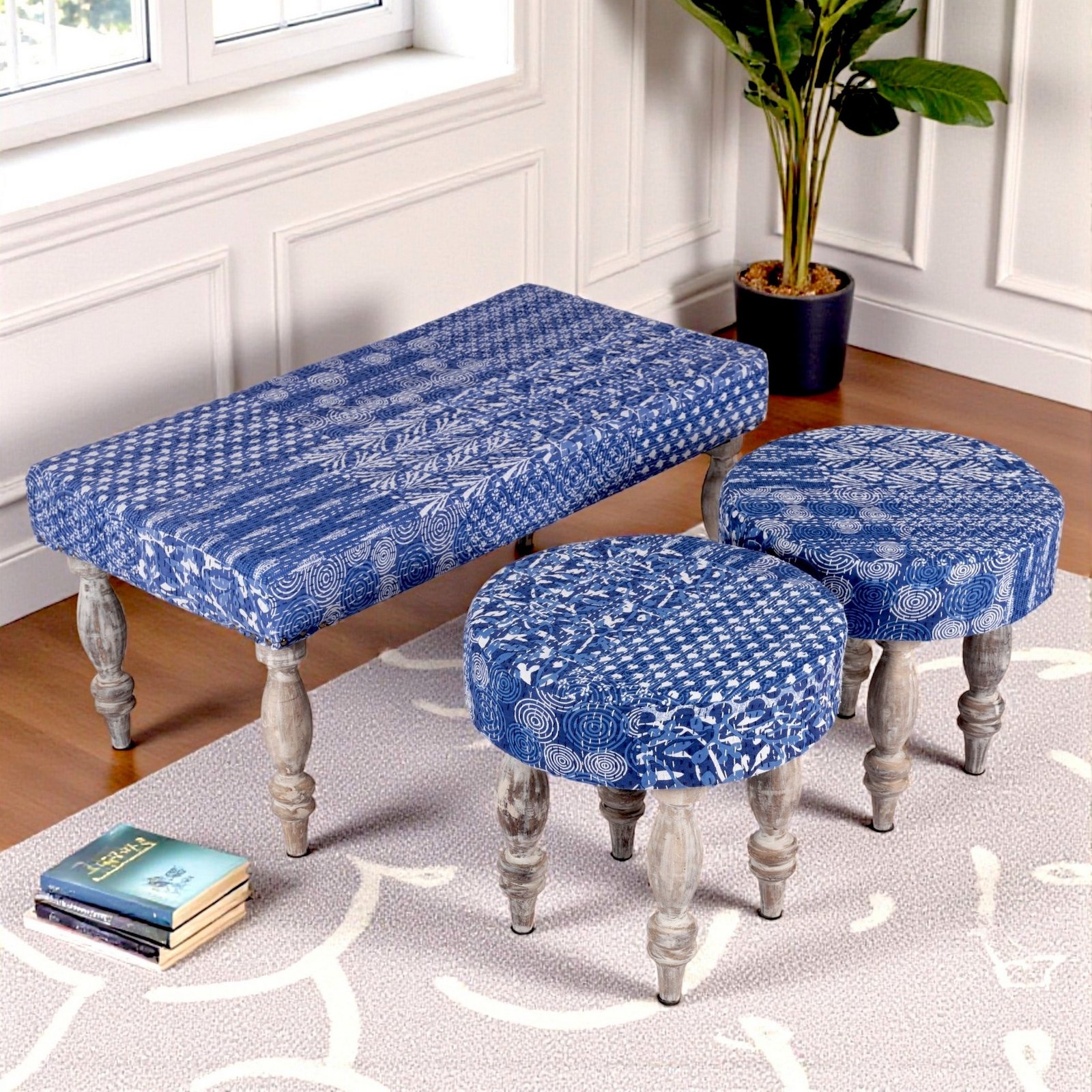 Ikiriya Bestone Sheesham Wood Mid Century 2+1+1 Seater Bench Set with 2 Stools in indigo Patchwork Kantha