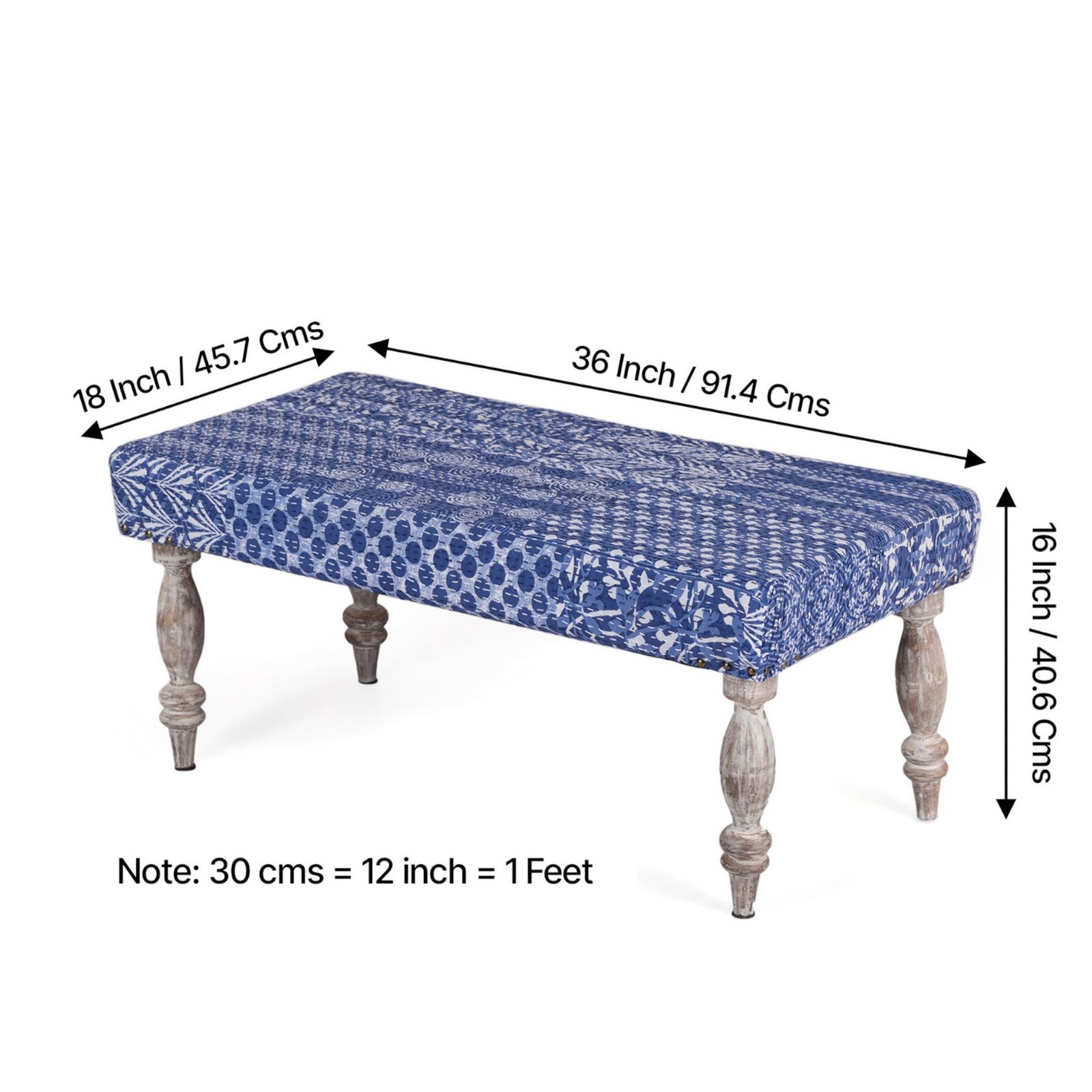 Ikiriya Bestone Sheesham Wood Mid Century 2+1+1 Seater Bench Set with 2 Stools in indigo Patchwork Kantha - Image 3