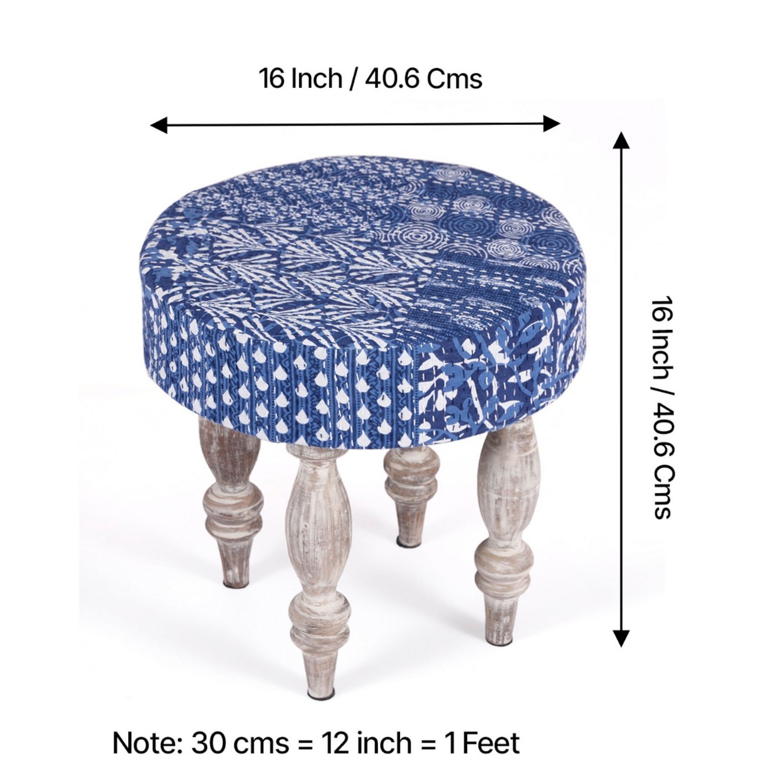 Ikiriya Bestone Sheesham Wood Mid Century 2+1+1 Seater Bench Set with 2 Stools in indigo Patchwork Kantha - Image 4