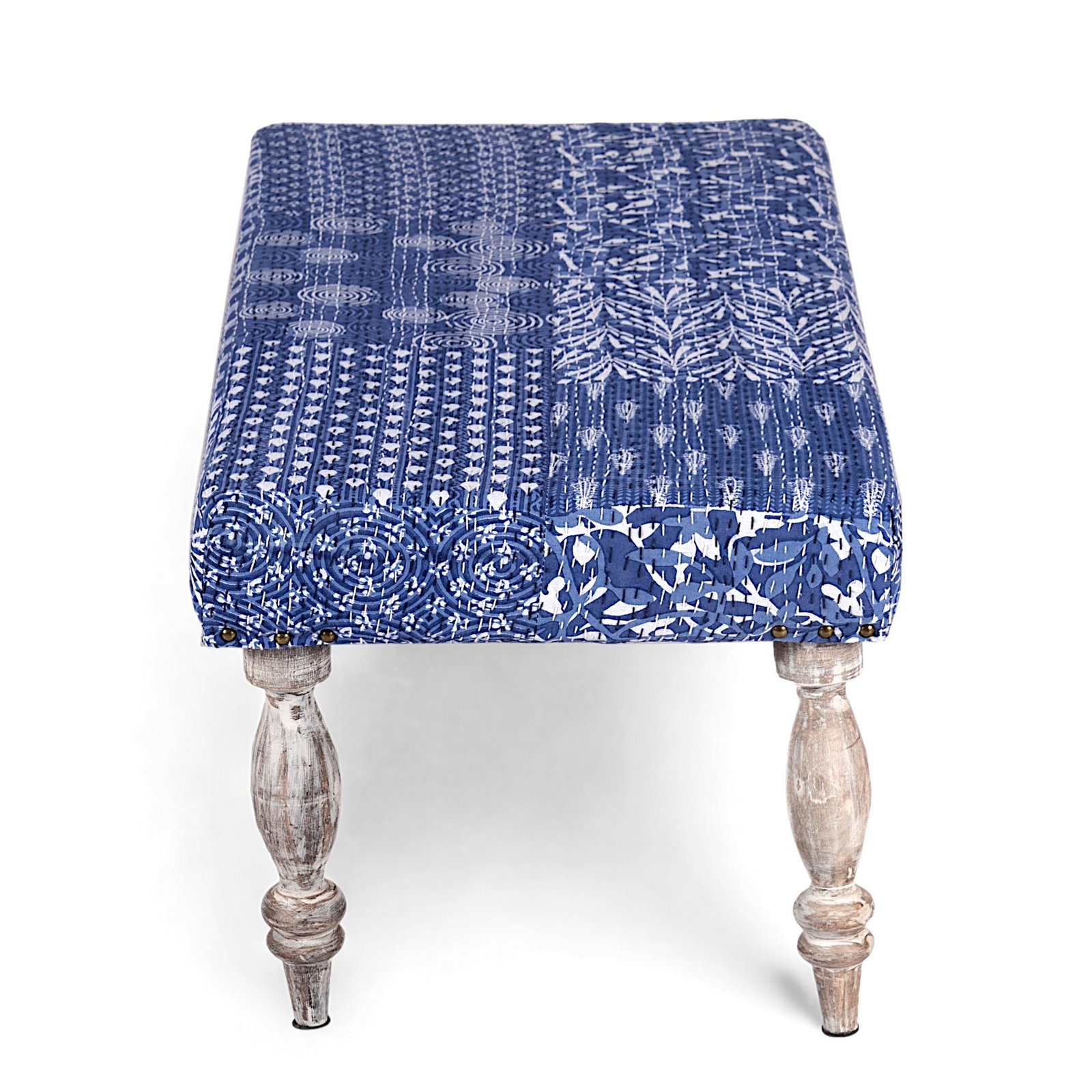 Ikiriya Bestone Sheesham Wood Mid Century 2+1+1 Seater Bench Set with 2 Stools in indigo Patchwork Kantha - Image 9