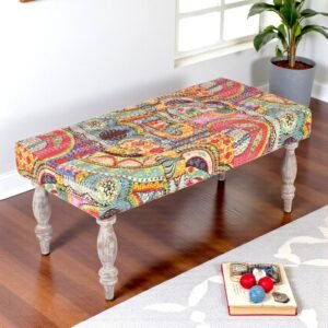 Ikiriya Bestone Sheesham Wood Bohemian 2 Seater Bench in Israel Print Patchwork Kantha