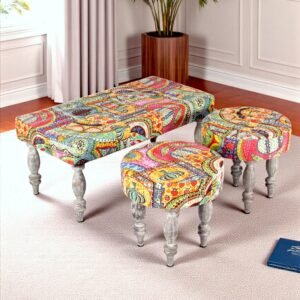 Ikiriya Bestone Sheesham Wood Bohemian 2+1+1 Seater Bench Set with 2 Stools in Israel Print Patchwork Kantha