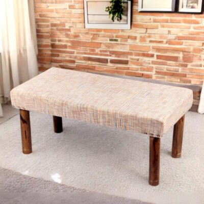 Ikiriya Camilla Sheesham Wood Parisian 2 Seater Bench in Beige Jacquard Work Fabric