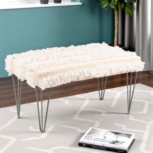 Ikiriya Velas Sheesham Wood Mid Century 2 Seater Bench with Metal Legs in Beige Fabric with Fringes