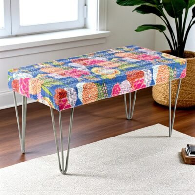 Ikiriya Velas Sheesham Wood Mid Century 2 Seater Bench with Metal Legs in Fruit Print Blue Kantha