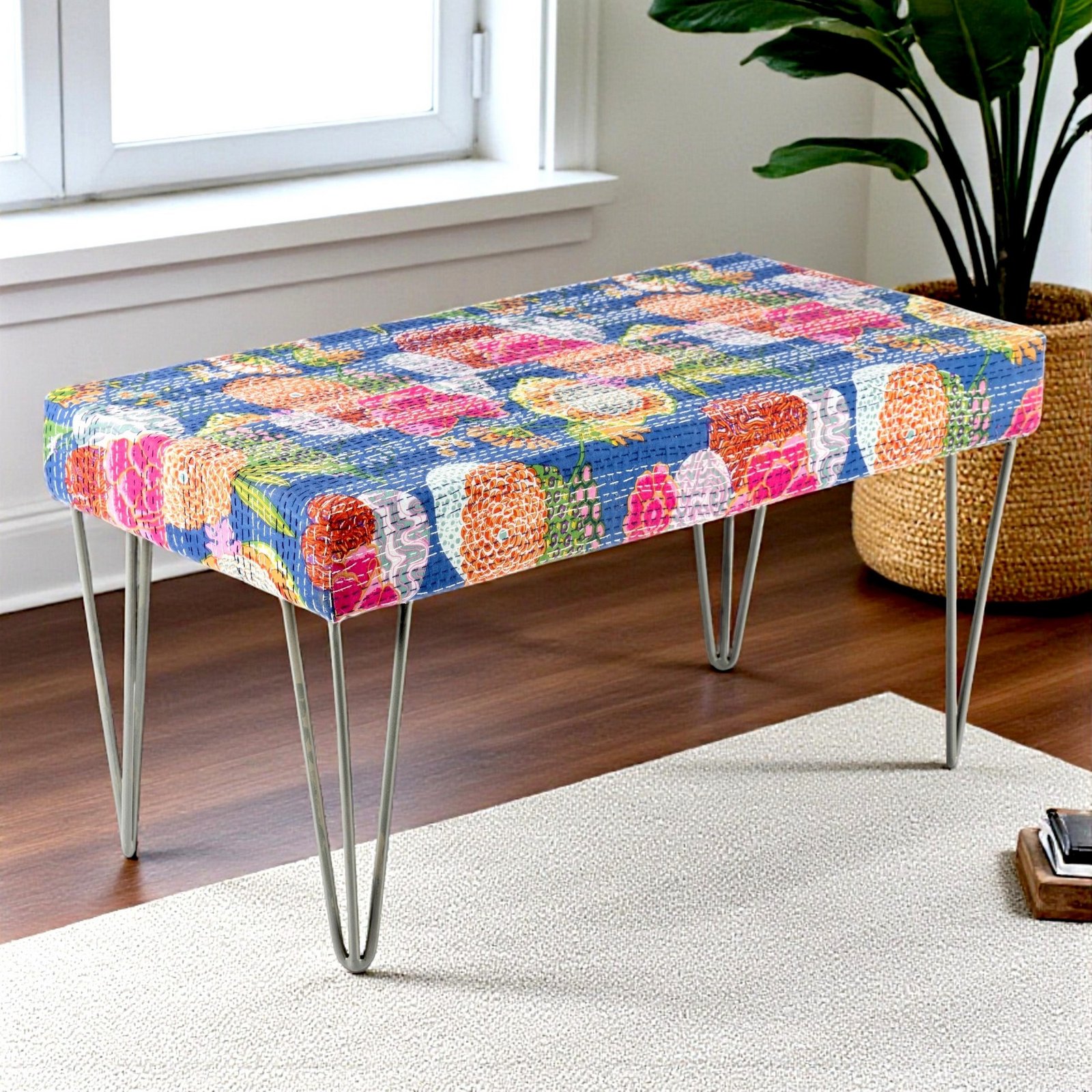 Ikiriya Velas Sheesham Wood Mid Century 2 Seater Bench with Metal Legs in Fruit Print Blue Kantha