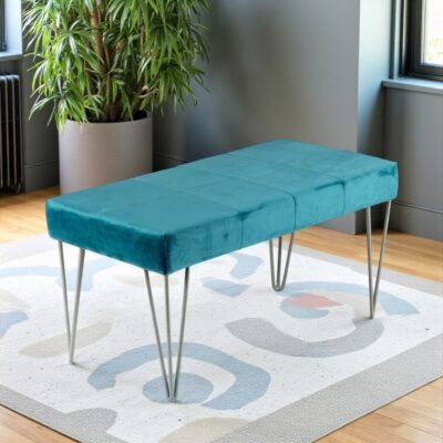 Ikiriya Velas Sheesham Wood Accent 2 Seater Bench with Metal Legs in Turquoise Sea Velvet
