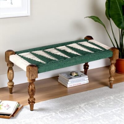 Ikiriya Oakville Sheesham Wood Vintage 2 Seater Maachi Bench in Green & White Rope Canning