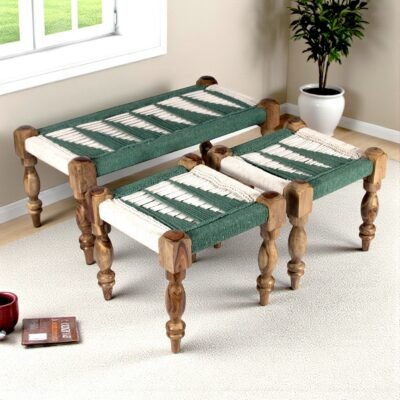Ikiriya Oakville Sheesham Wood Vintage 2+1+1 Seater Maachi Bench Set with 2 Stools in Green & White Rope Canning