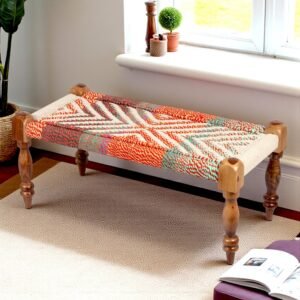 Ikiriya Oakville Sheesham Wood Vintage 2 Seater Maachi Bench in Multi Colour Chindi & White Rope Canning