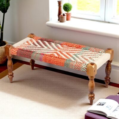 Ikiriya Oakville Sheesham Wood Vintage 2 Seater Maachi Bench in Multi Colour Chindi & White Rope Canning