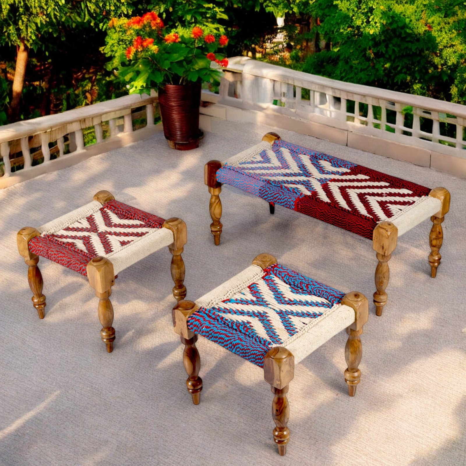 Ikiriya Oakville Sheesham Wood Vintage 3+1+1 Seater Maachi Bench Set with 2 Stools in Multi Colour Chindi & White Rope Canning - Image 11