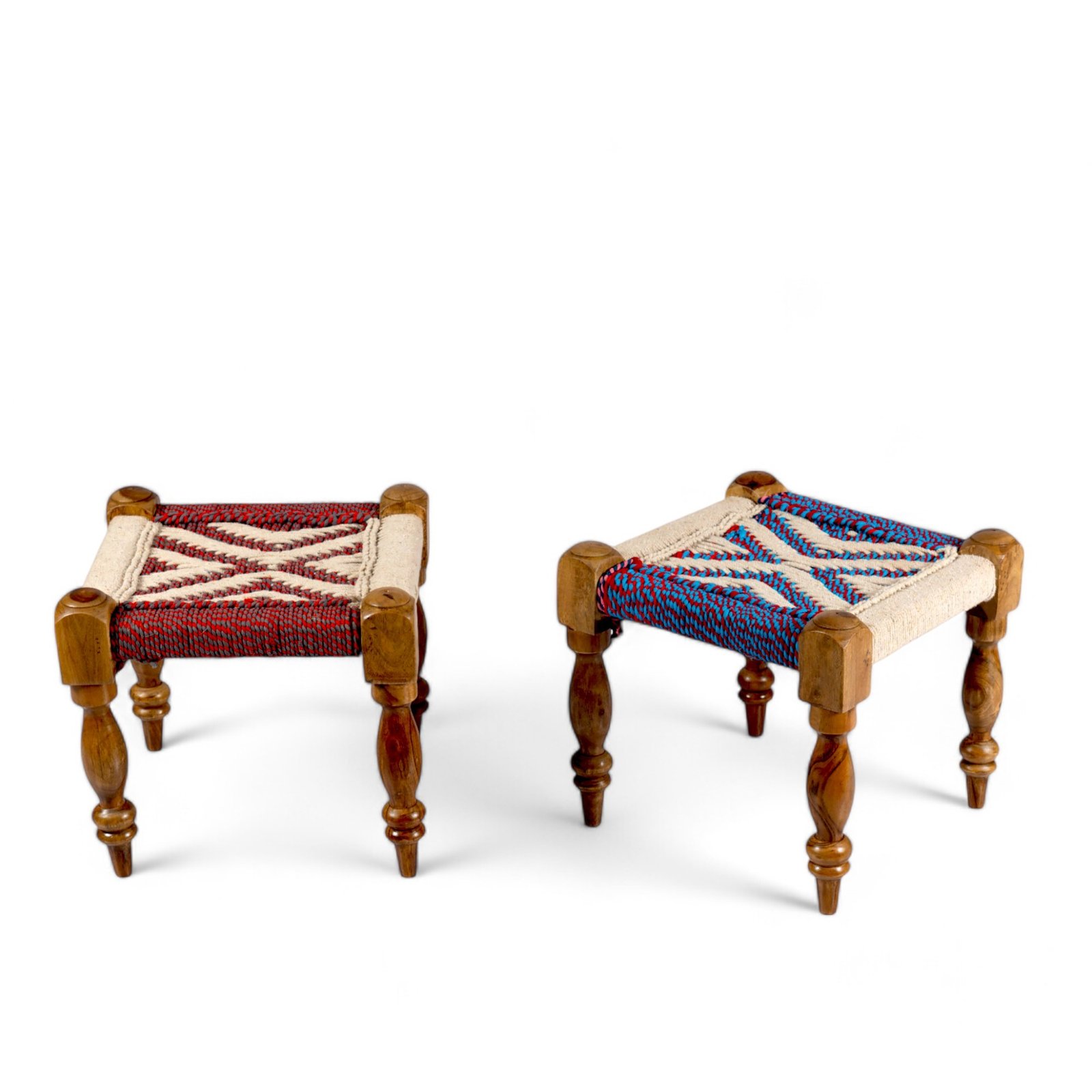 Ikiriya Oakville Sheesham Wood Vintage 3+1+1 Seater Maachi Bench Set with 2 Stools in Multi Colour Chindi & White Rope Canning - Image 12