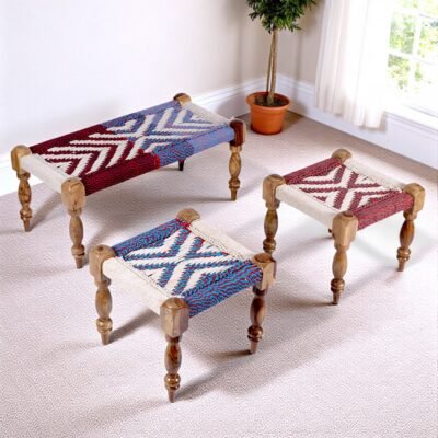 Ikiriya Oakville Sheesham Wood Vintage 3+1+1 Seater Maachi Bench Set with 2 Stools in Multi Colour Chindi & White Rope Canning