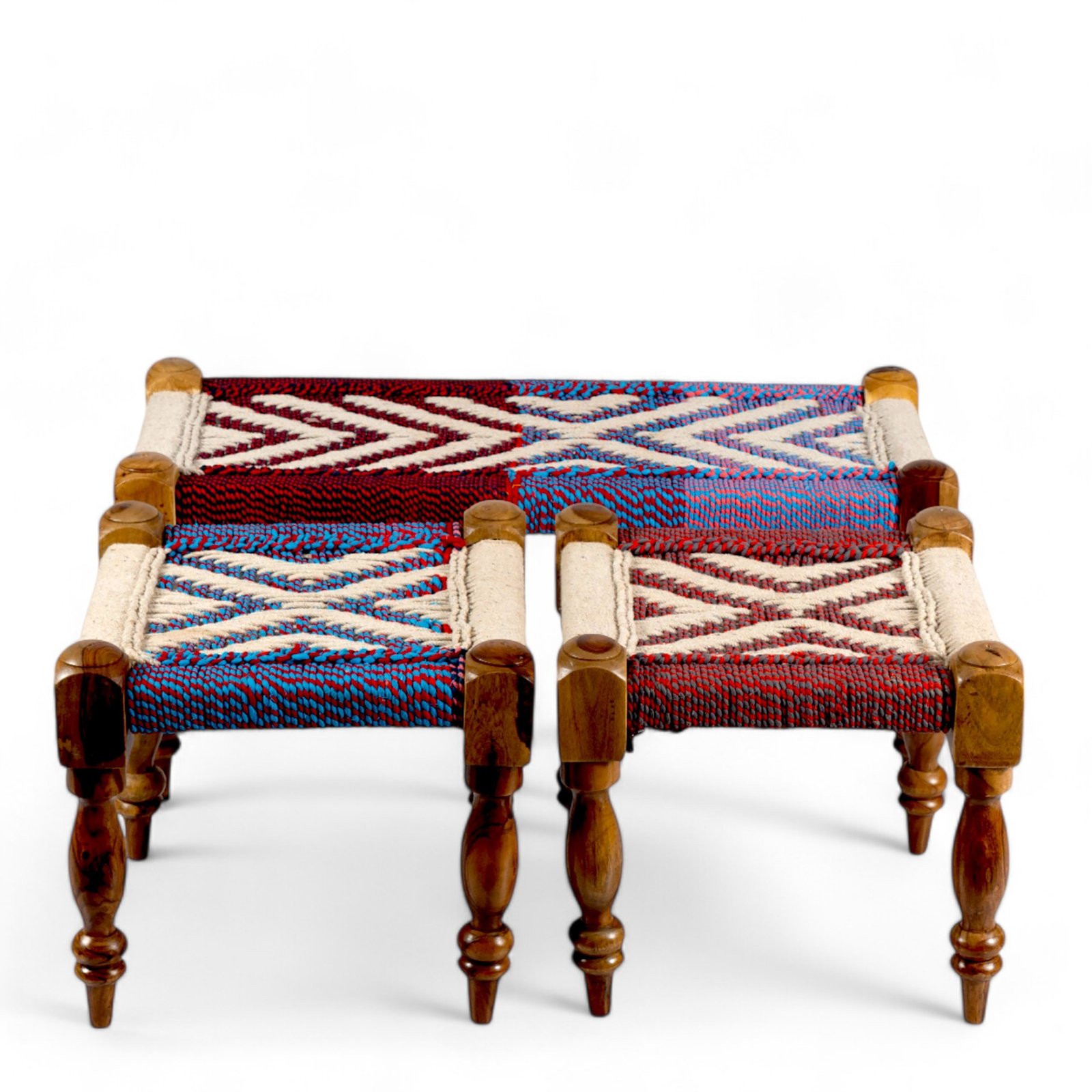 Ikiriya Oakville Sheesham Wood Vintage 3+1+1 Seater Maachi Bench Set with 2 Stools in Multi Colour Chindi & White Rope Canning - Image 2