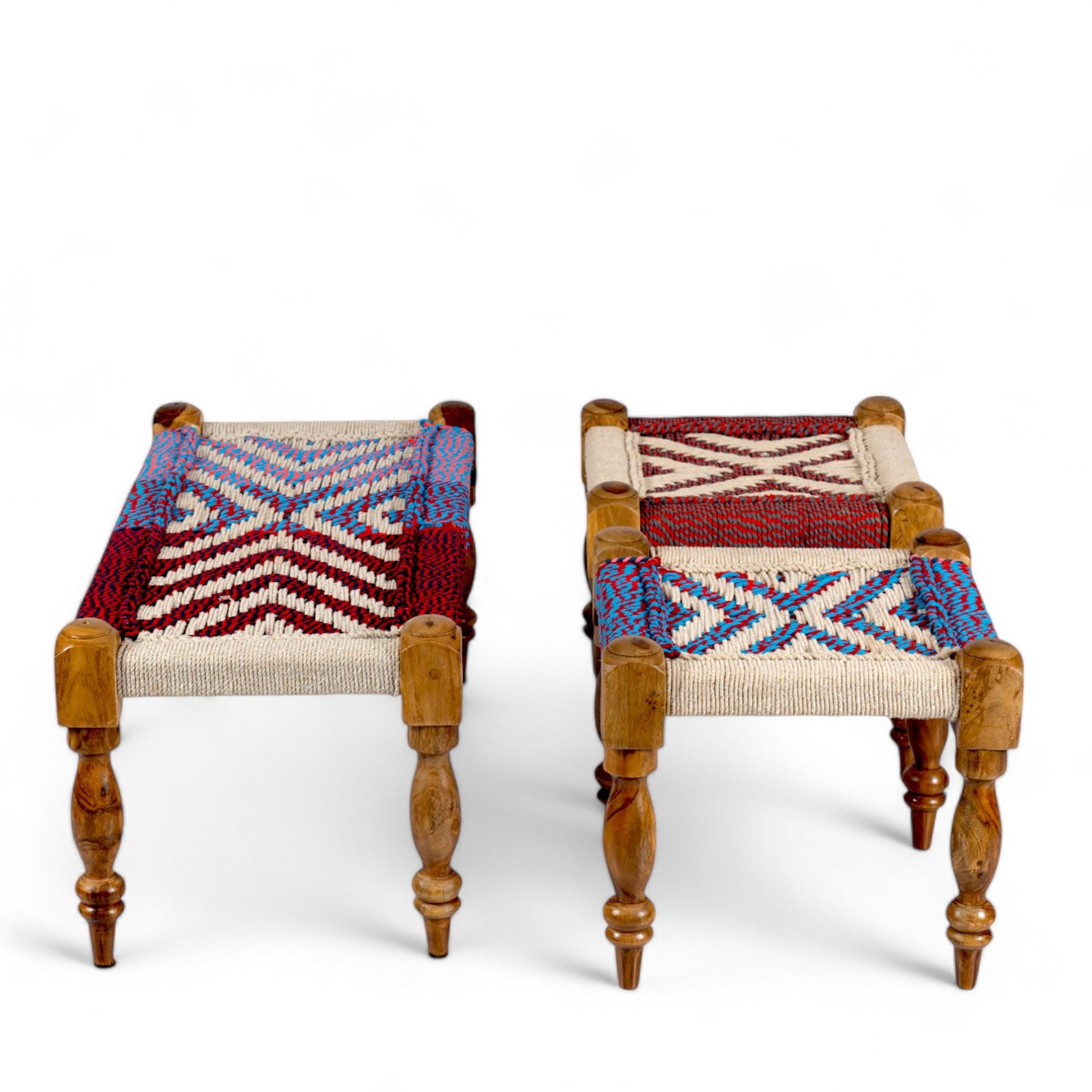 Ikiriya Oakville Sheesham Wood Vintage 3+1+1 Seater Maachi Bench Set with 2 Stools in Multi Colour Chindi & White Rope Canning - Image 3