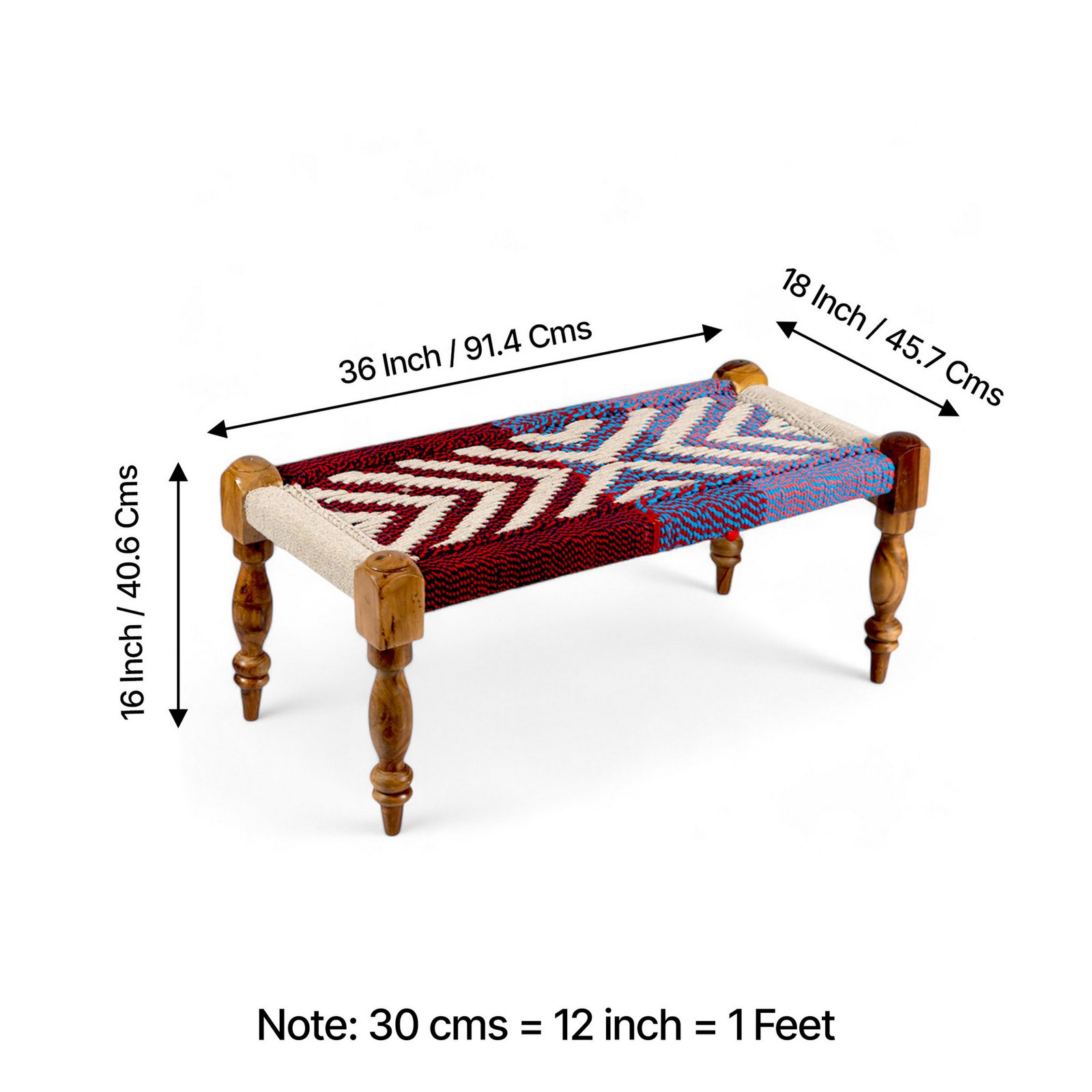 Ikiriya Oakville Sheesham Wood Vintage 3+1+1 Seater Maachi Bench Set with 2 Stools in Multi Colour Chindi & White Rope Canning - Image 4