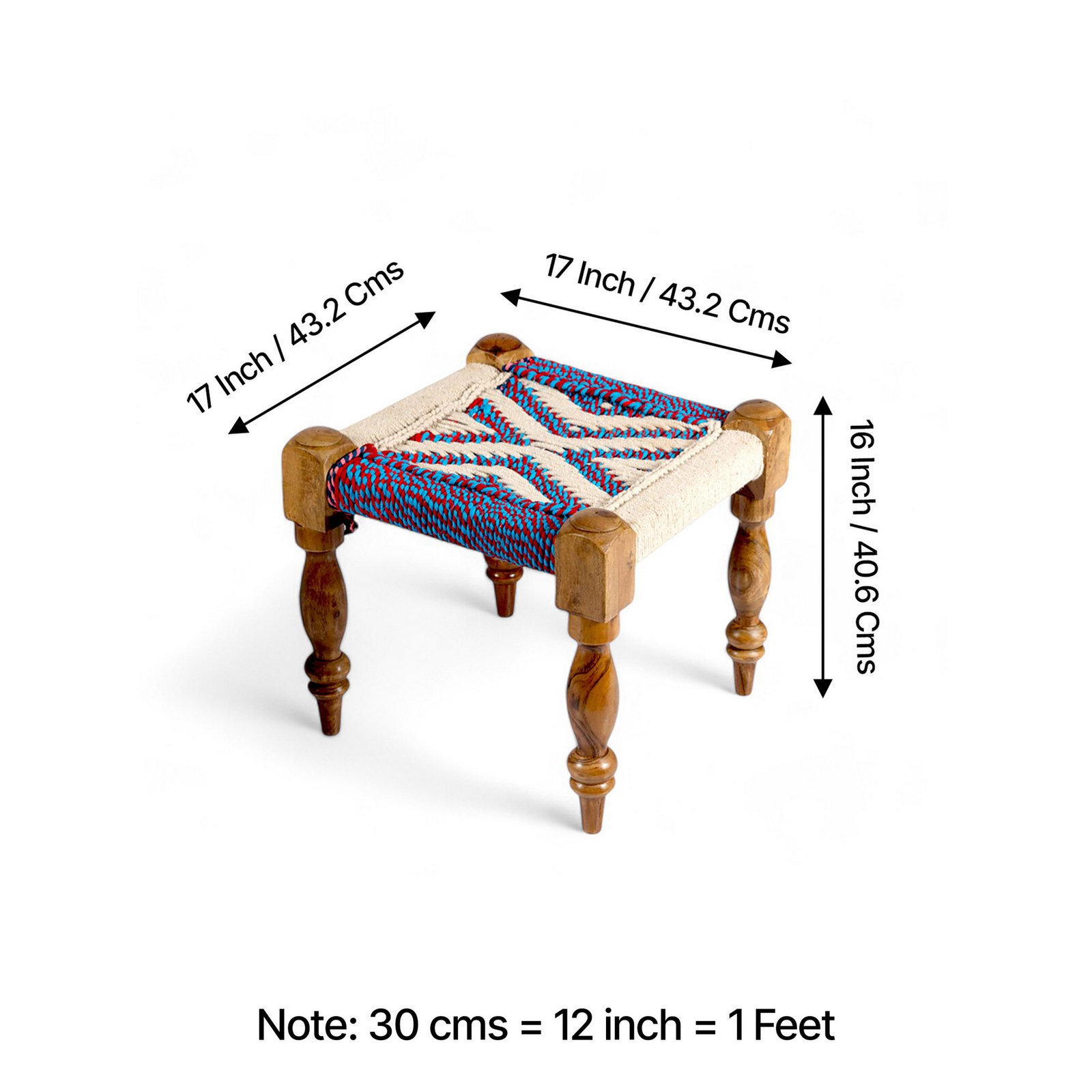 Ikiriya Oakville Sheesham Wood Vintage 3+1+1 Seater Maachi Bench Set with 2 Stools in Multi Colour Chindi & White Rope Canning - Image 5