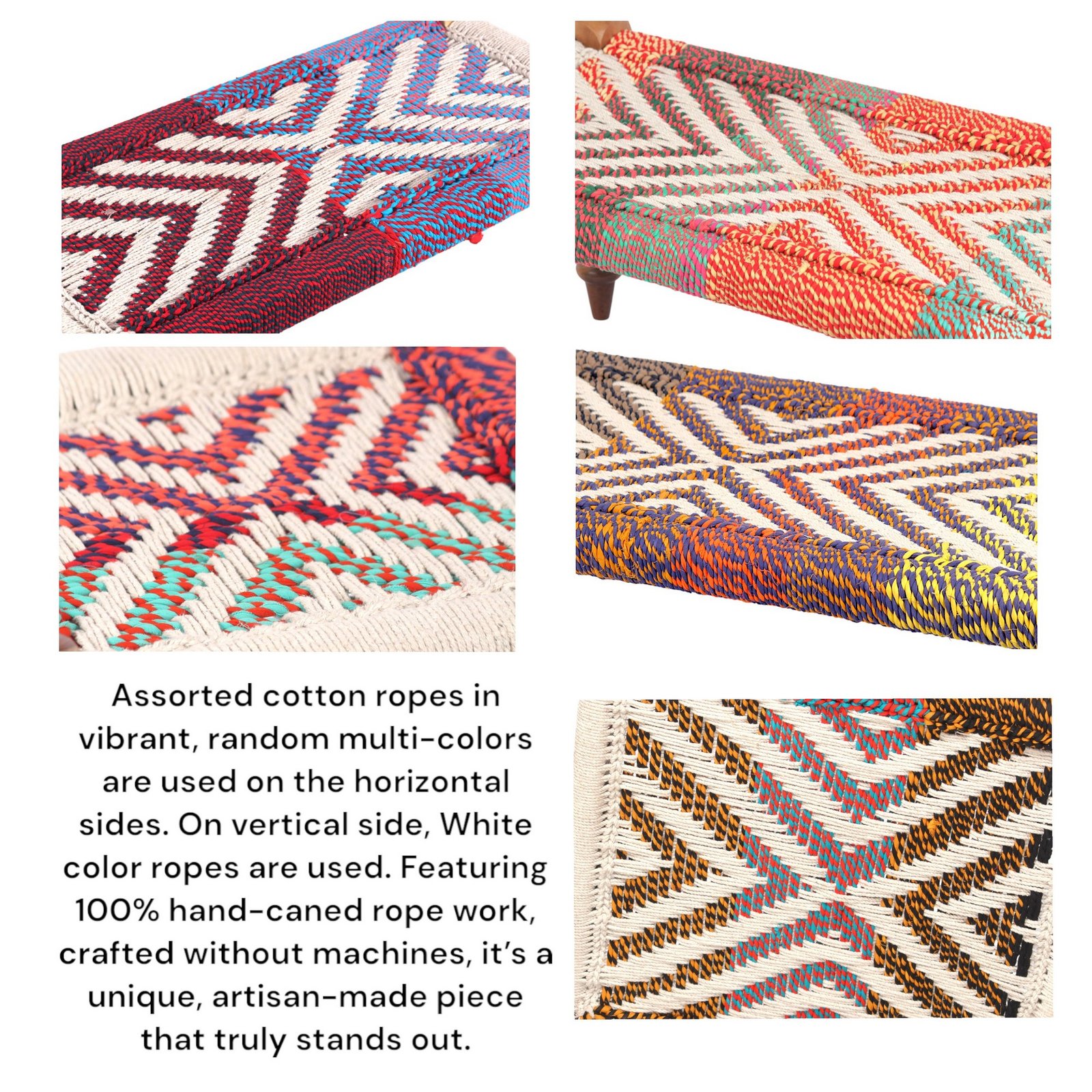 Ikiriya Oakville Sheesham Wood Vintage 3+1+1 Seater Maachi Bench Set with 2 Stools in Multi Colour Chindi & White Rope Canning - Image 6