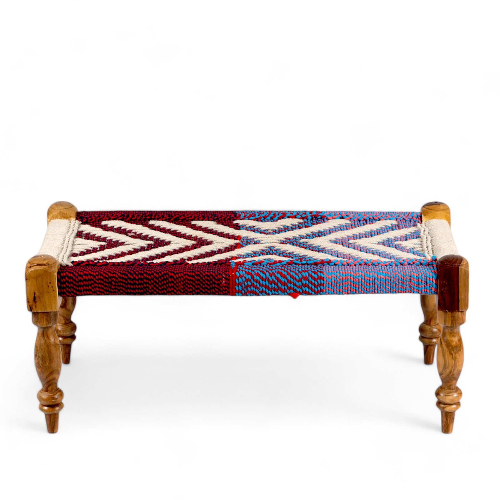 Ikiriya Oakville Sheesham Wood Vintage 3+1+1 Seater Maachi Bench Set with 2 Stools in Multi Colour Chindi & White Rope Canning - Image 8