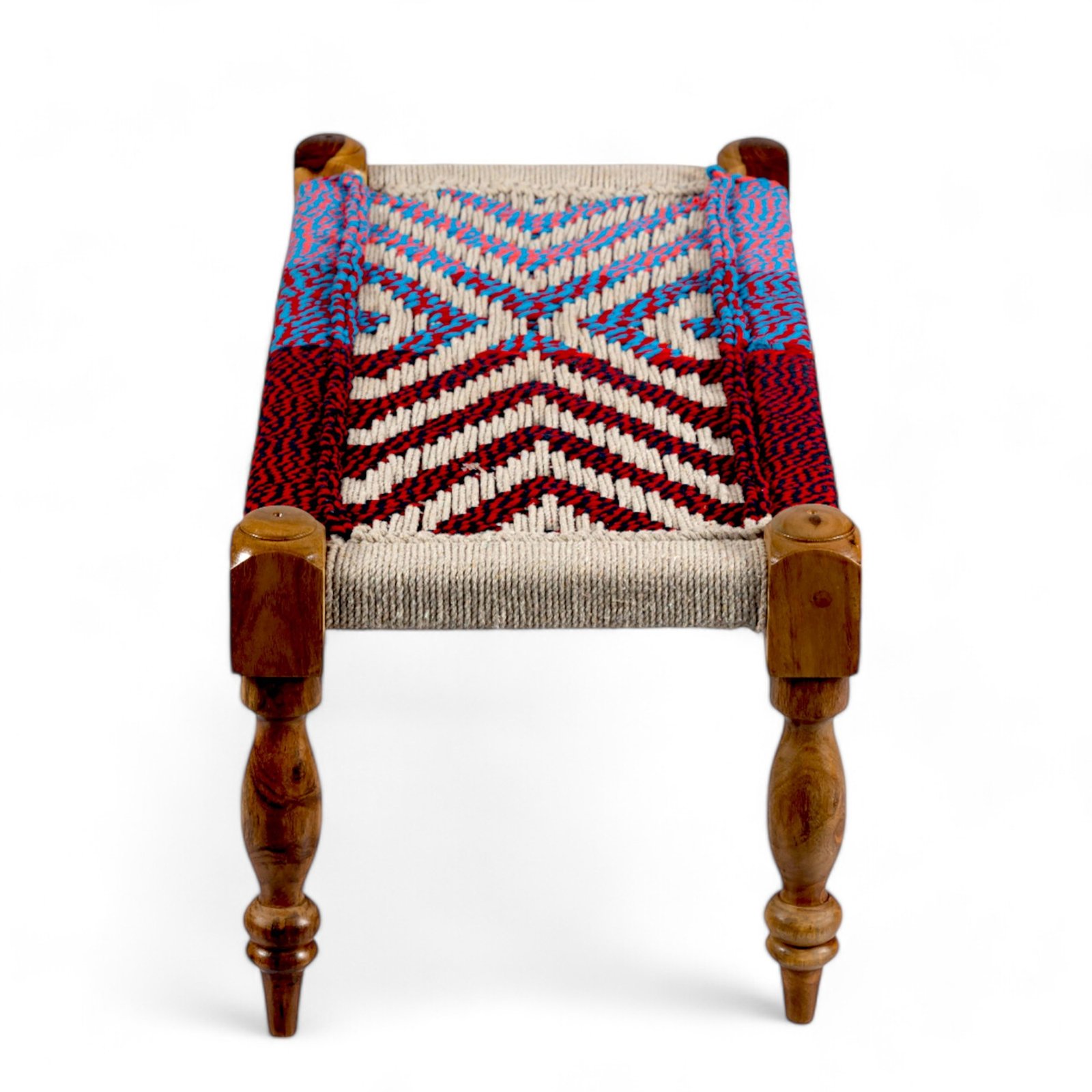 Ikiriya Oakville Sheesham Wood Vintage 3+1+1 Seater Maachi Bench Set with 2 Stools in Multi Colour Chindi & White Rope Canning - Image 9