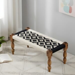 Ikiriya Oakville Sheesham Wood Vintage 2 Seater Maachi Bench in Black & White Rope Canning