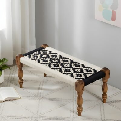 Ikiriya Oakville Sheesham Wood Vintage 2 Seater Maachi Bench in Black & White Rope Canning