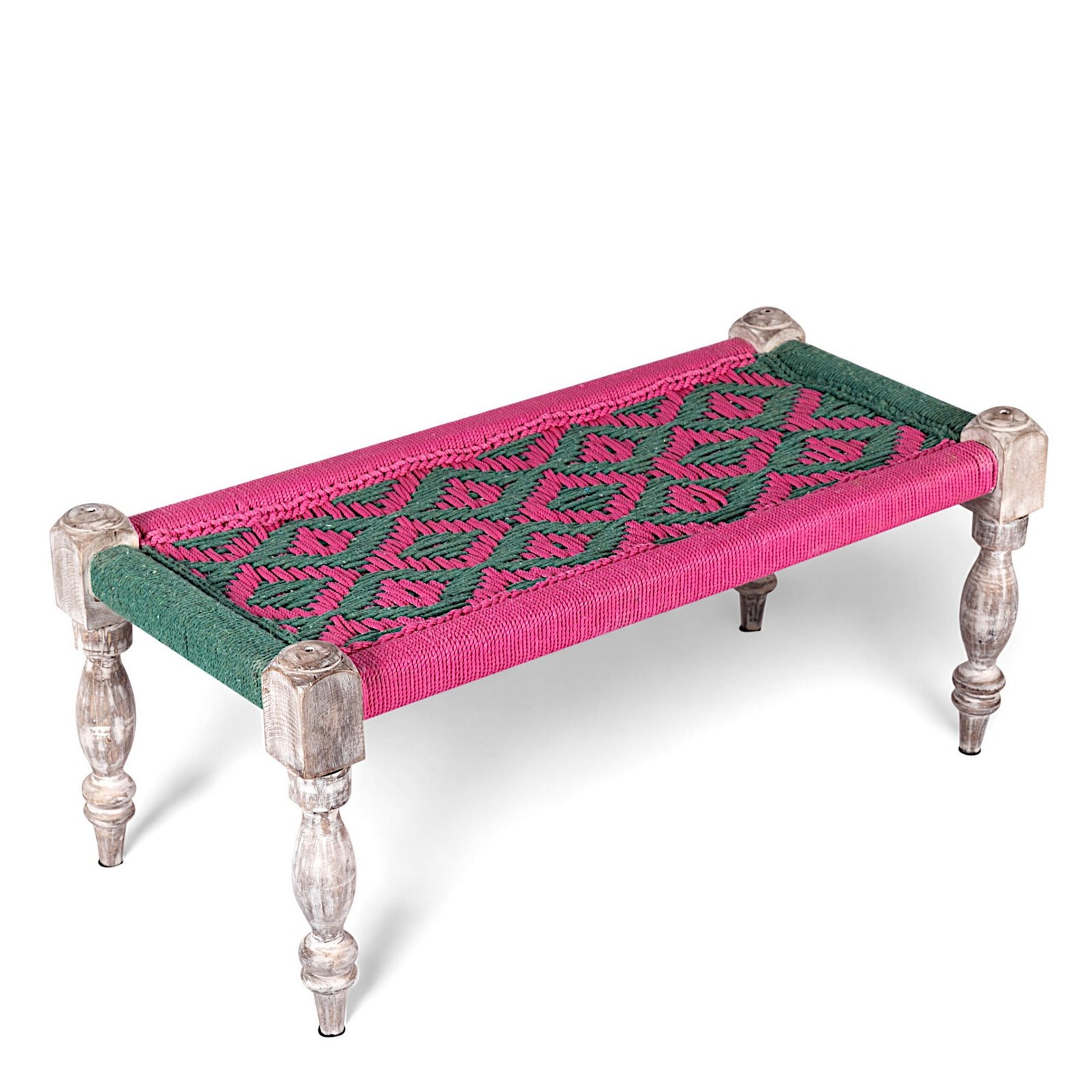 Ikiriya Oakville Sheesham Wood Vintage 2 Seater Maachi Bench in Green & Pink Rope Canning - Image 10