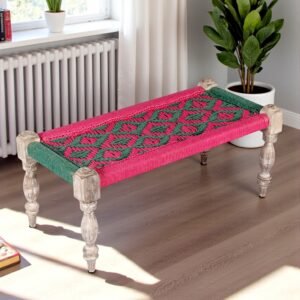 Ikiriya Oakville Sheesham Wood Vintage 2 Seater Maachi Bench in Green & Pink Rope Canning