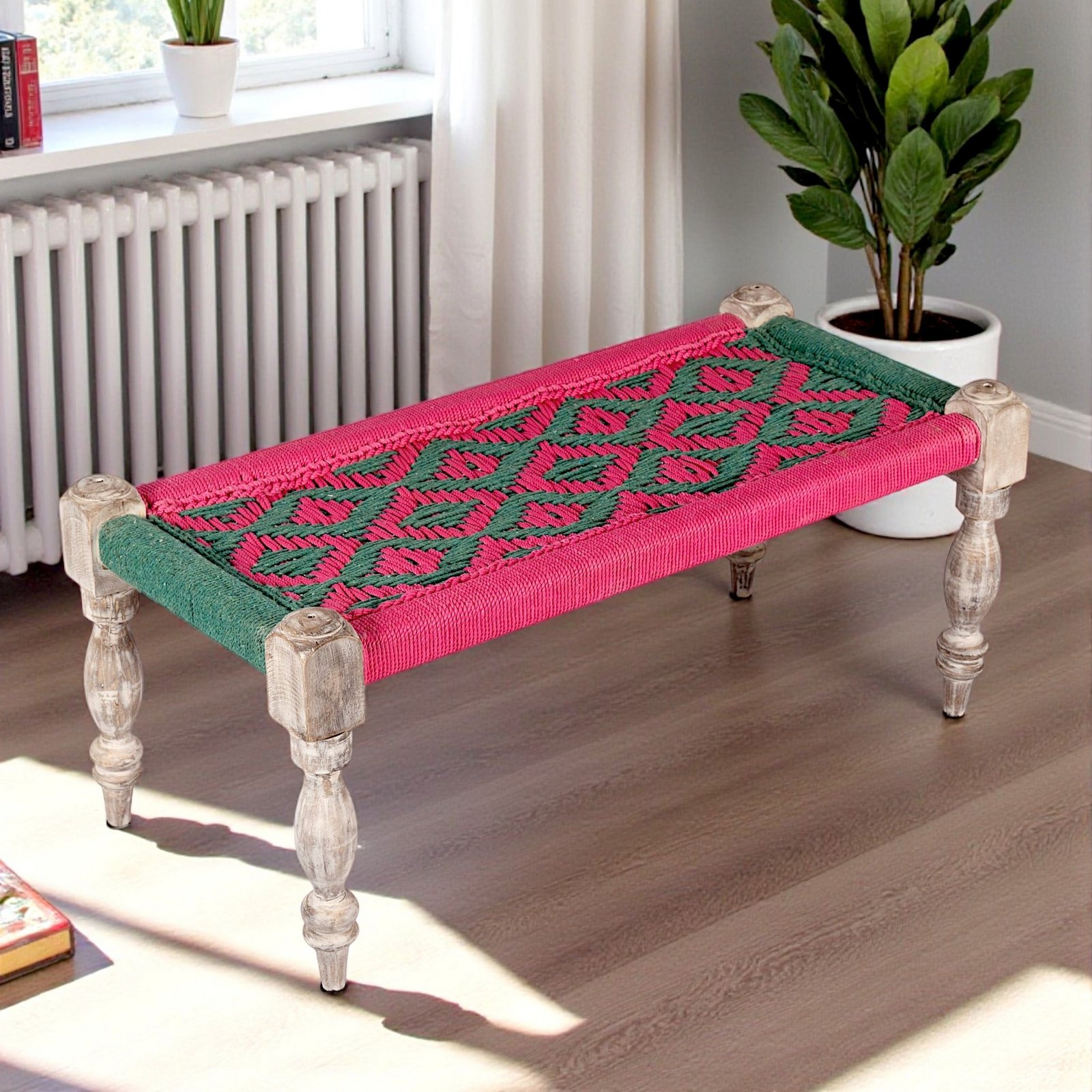Ikiriya Oakville Sheesham Wood Vintage 2 Seater Maachi Bench in Green & Pink Rope Canning