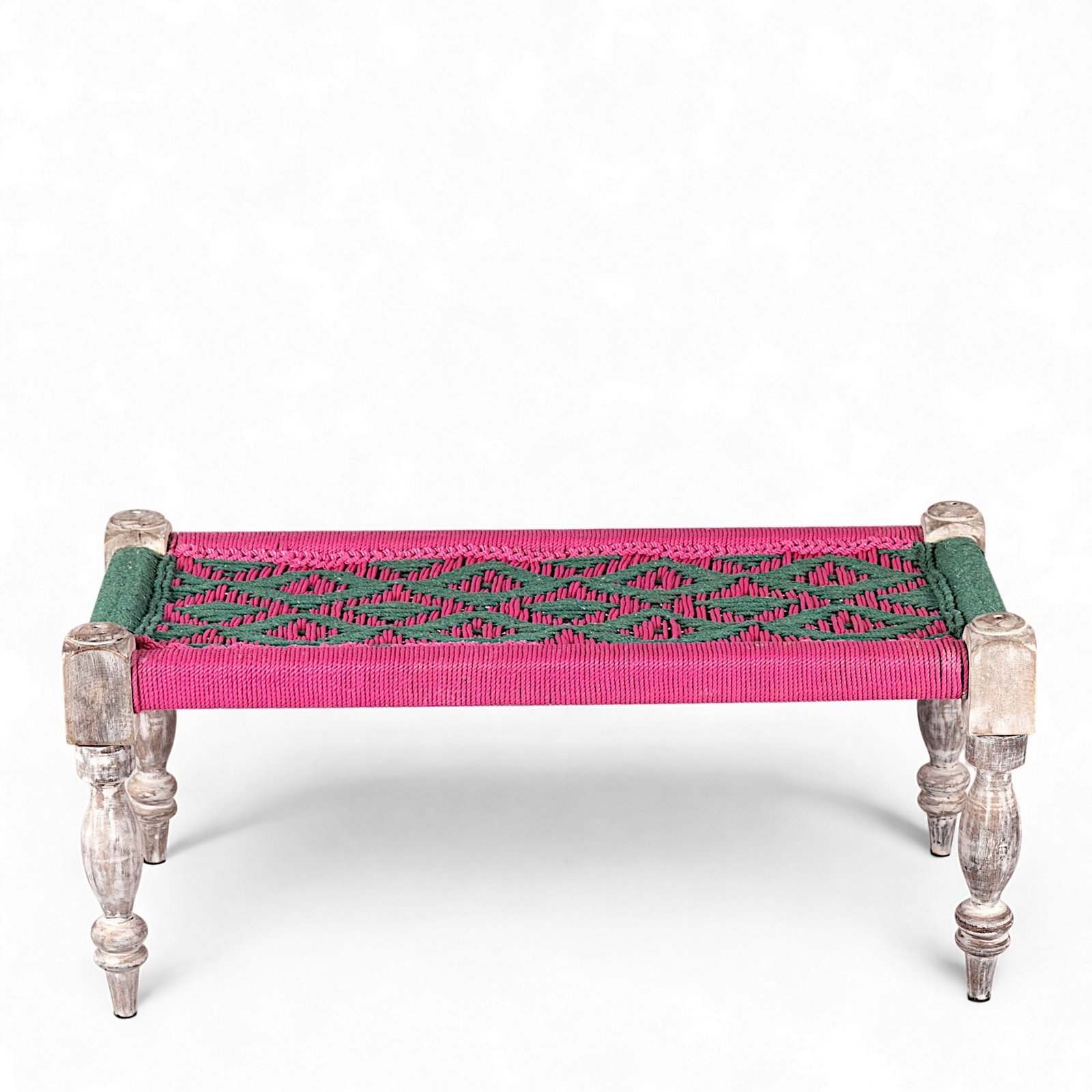 Ikiriya Oakville Sheesham Wood Vintage 2 Seater Maachi Bench in Green & Pink Rope Canning - Image 2