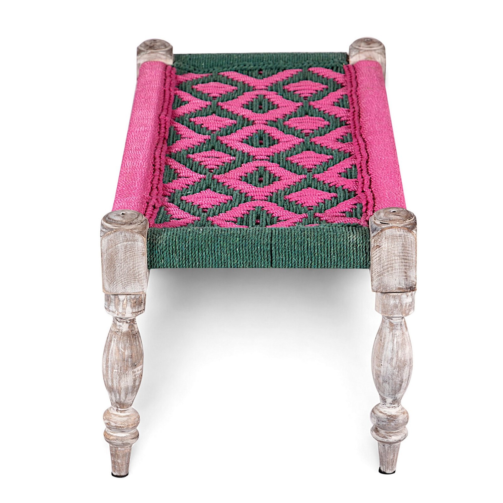 Ikiriya Oakville Sheesham Wood Vintage 2 Seater Maachi Bench in Green & Pink Rope Canning - Image 3