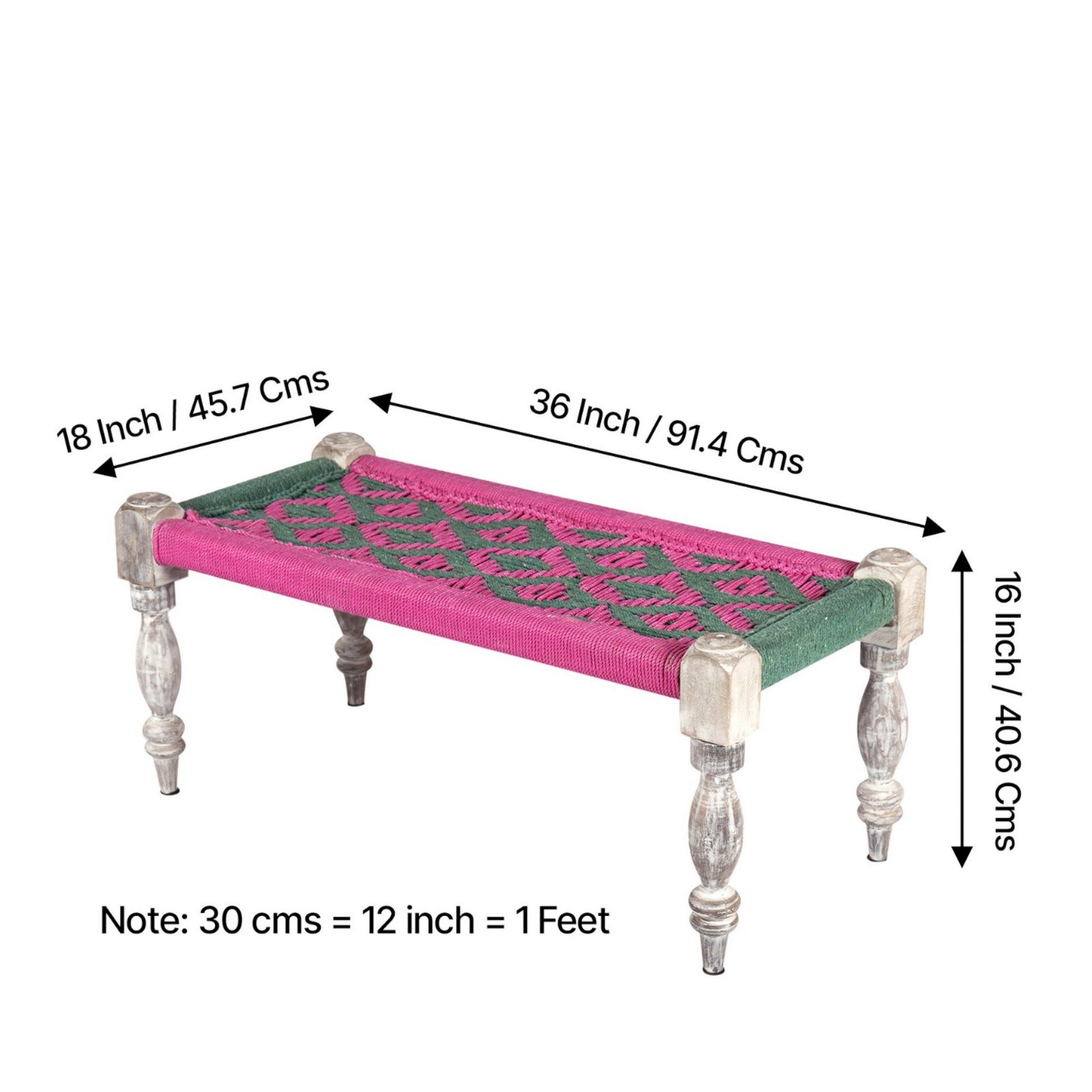Ikiriya Oakville Sheesham Wood Vintage 2 Seater Maachi Bench in Green & Pink Rope Canning - Image 4